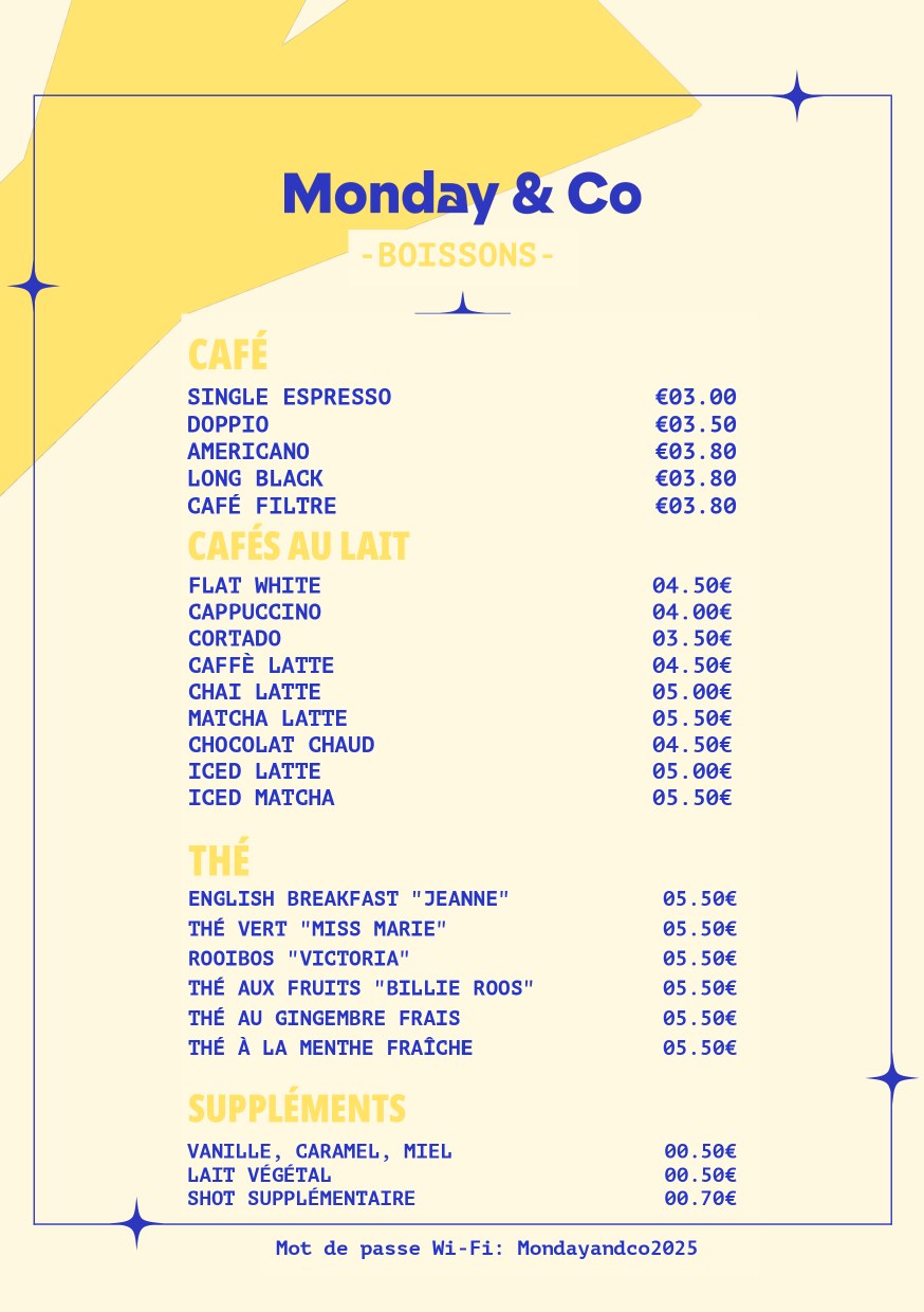 Carte des boissons Monday & Co partie 1